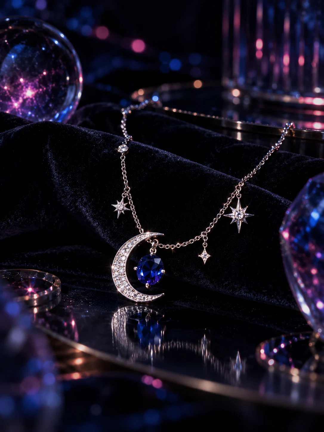 A crescent moon and star necklace on midnight velvet