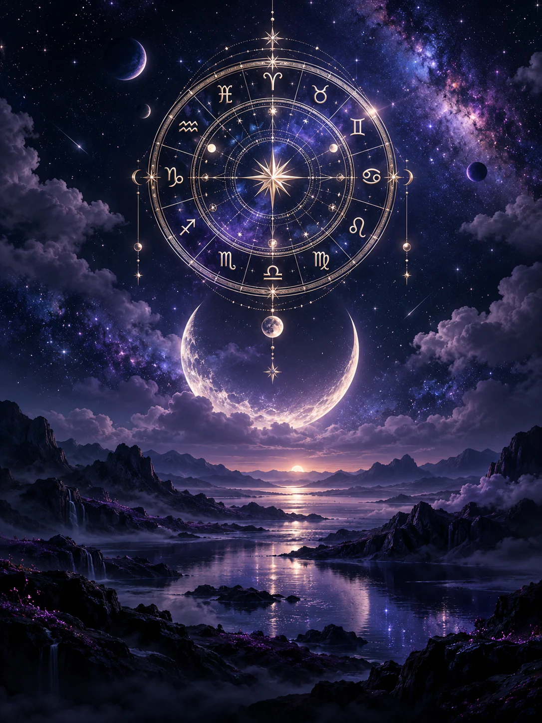 A luminous zodiac astrolabe above violet clouds