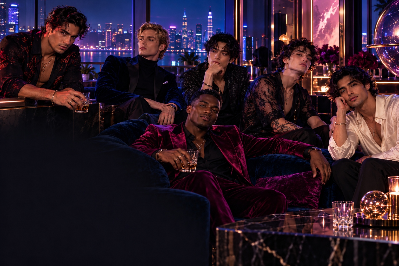 An ensemble of original adult male counterparts in a cobalt, violet and rose-lit penthouse