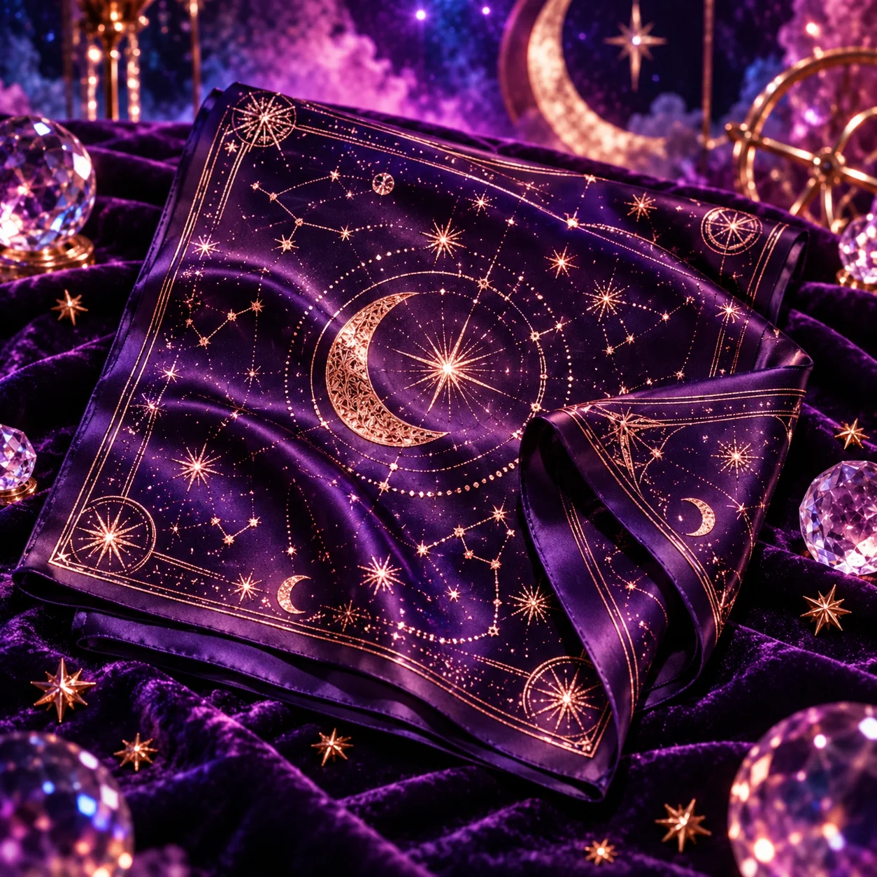 Violet satin scarf with celestial embroidery