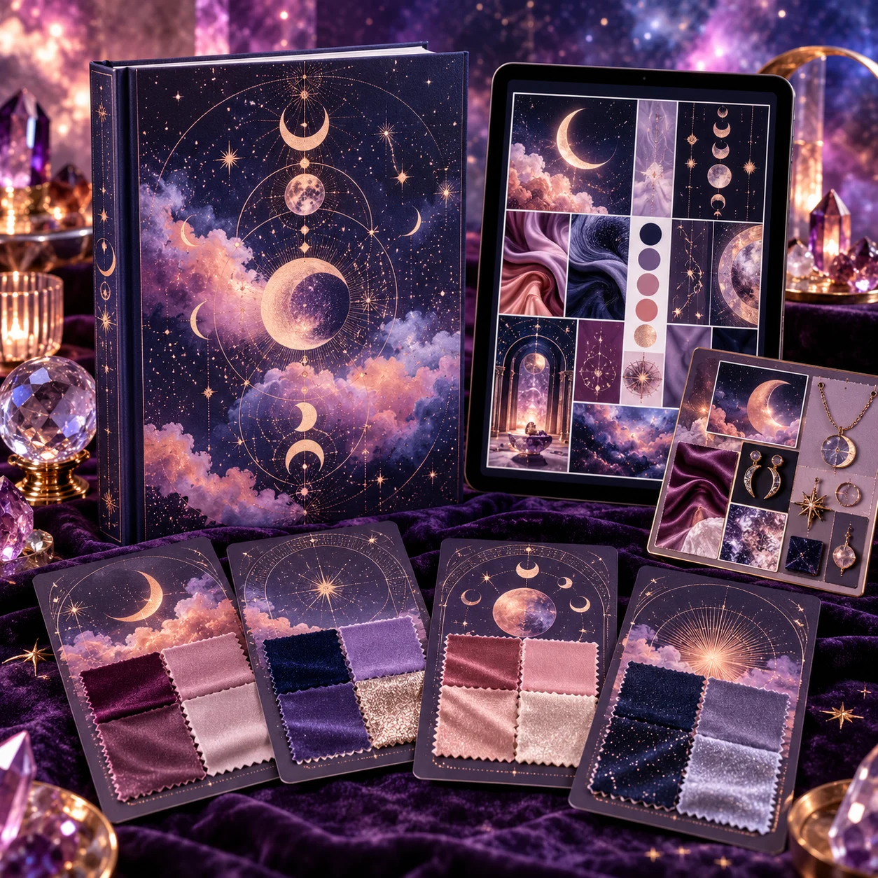 Zodiac style guide digital bundle with celestial mood boards and fabric swatches