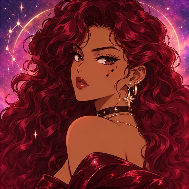 Crimson Comet Star Girl with deep red curls and constellation details