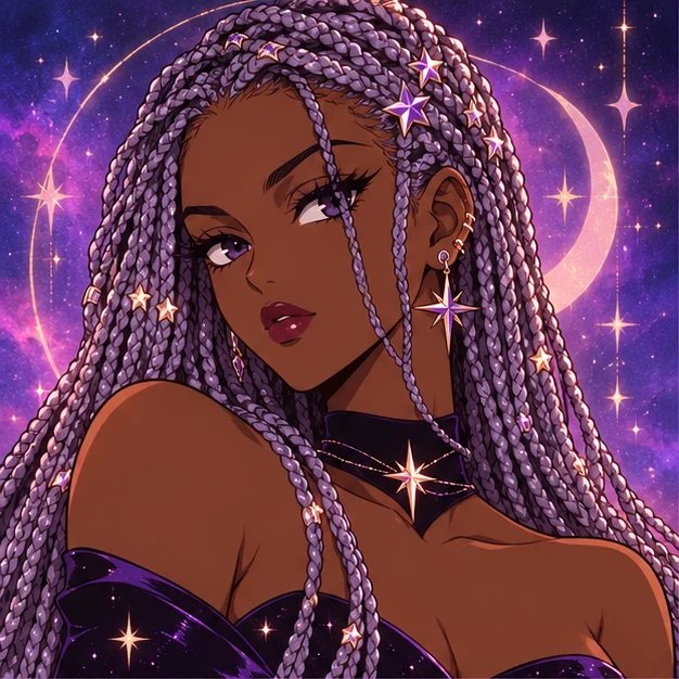 Lilac Orbit Star Girl with lavender braids and star jewellery