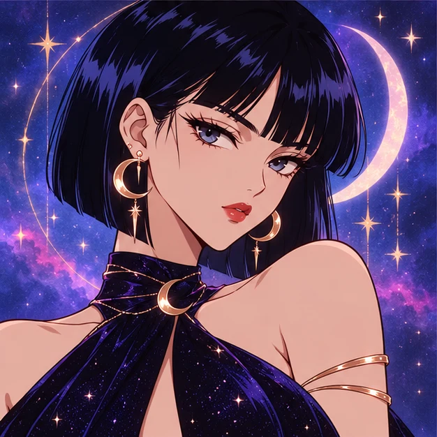 Midnight Crescent Star Girl with a dark blue bob and crescent jewellery