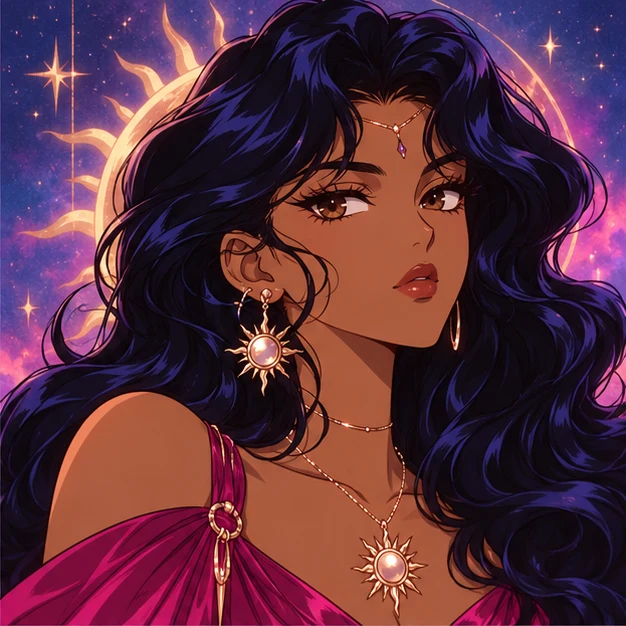 Solar Siren Star Girl with deep blue waves and sun jewellery